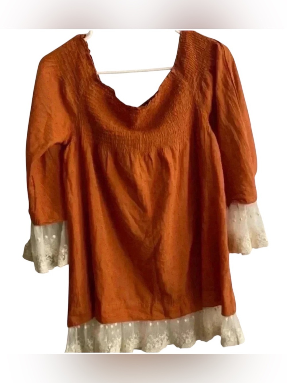 🆕Free People Tea Combo Rust Long Sleeve Smocked Off Shoulder Tunic Lace Edge M🆕 - Picture 2 of 9